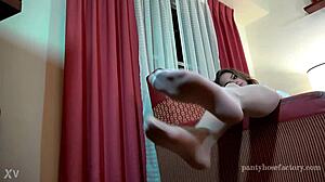 Mika's silky pantyhose hides teasing footplay