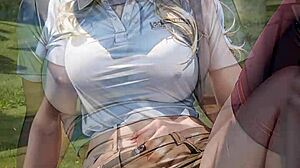 AI Blonde Flashes Panties Upskirt and Pussy Outdoor on Golf Field Skirt