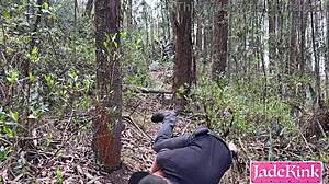 stranger binds blue-eyed girl to forest tree for brutal rough domination fuck!