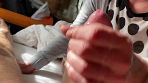 Neighbor milf teases foreskin with lipstick spit handjob torture