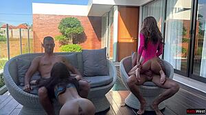 two horny couples swap partners for poolside outdoor fucking