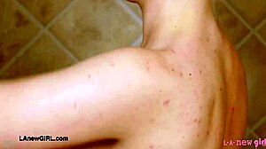 Gorgeous blonde bombshell steps into steamy shower