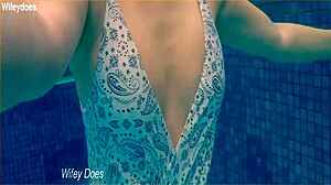 wife flashes curves swimming hotel pool one-piece preview