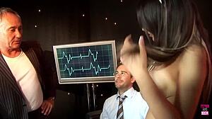 super slut with huge fake tits rides two guys cowgirl while bent over doggystyle