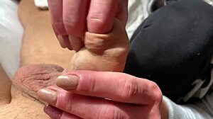 Neighbor milf teases foreskin with lipstick spit handjob torture