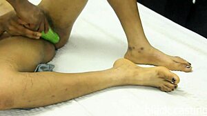 African ebony babe destroys pussy with huge cucumber