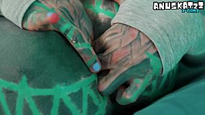 Skinny tattoo goth slut stretches tight asshole with anal toys fingering squirting?