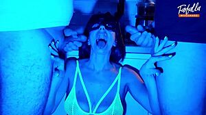 Wife sucks two cocks neon threesome facial cumshot full