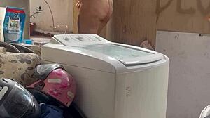 neighbor hides watching woman wash clothes freely with pussy and tits out in public outdoor spot