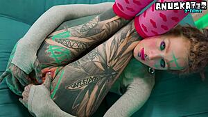Skinny tattoo goth slut stretches tight asshole with anal toys fingering squirting?