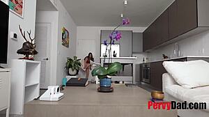 Stepdaughters flash tits during massage, dad smashes their pussies hard