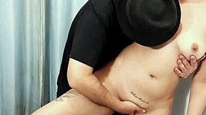 Salesman rips milf's dress in dressing room for bent over pussy pounding and tit licking