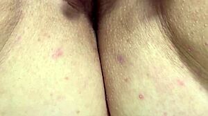 chubby stepmom fingers fat shaved pussy up close in homemade clip