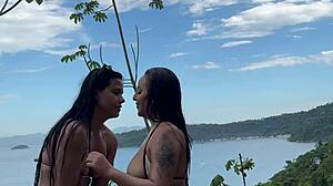 Curvy Brazilian Lesbian Girlfriends Toy Pussy Lick on RJ Beach Party