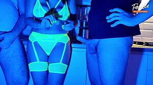 Wife sucks two cocks neon threesome facial cumshot full