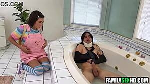 Stepsister Cares Injured Stepbrother Stepdad FFM Handjob Threesome