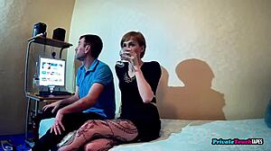 Step cousin strips red lingerie poses then sucks cock rides wet pussy on bed