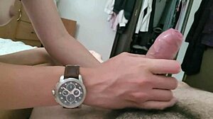 sexy teen 18+ milf girlfriend wristjob fetish ends in hot cumshot on watch
