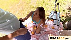 tiny tanned brunette teen takes monster cock deep in outdoor doggystyle