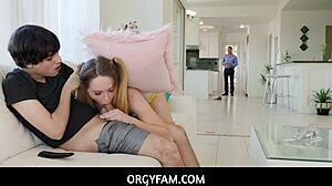 stepsiblings feel naughty urge for blowjob handjob orgy behind stepdad in living room
