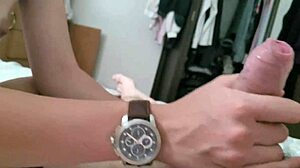 sexy teen 18+ milf girlfriend wristjob fetish ends in hot cumshot on watch