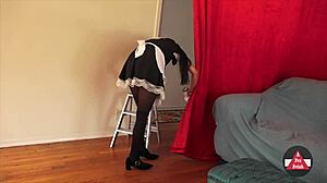 french maid in stockings vacuums upskirt style 😏🧹