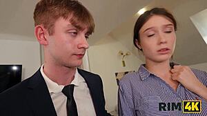 Secretary's Shaved Tongue Rims Ass in Office FFM Threesome Rimjob Fetish