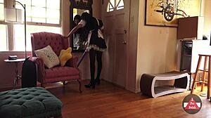 french maid in stockings vacuums upskirt style 😏🧹