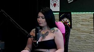 hot tattooed brunette shows huge tits in never have i ever game then licks friend's clit