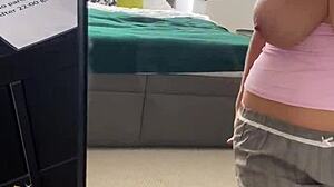 she snaps selfies in mirror, masturbating in panties socks boobs bouncing