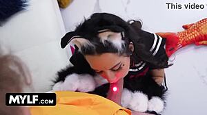 Angry Stepmom Fucks Neko Girl and Horny Stepson in Cosplay Threesome