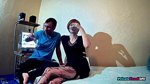 Step cousin strips red lingerie poses then sucks cock rides wet pussy on bed