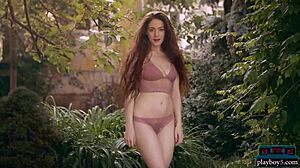 Dutch babe Joy Draiki strips hairy pussy outdoors for Playboy