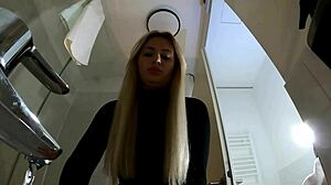 hot blonde babe strips pantyhose miniskirt high heels big tits ass bathroom tease