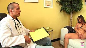 wow check her fake tits bouncing as she bangs doctor doggystyle in lingerie heels