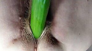 granny stuffs dildo and cucumber into hairy pussy