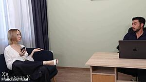 boss punishes young secretary roughly on desk with cumshot