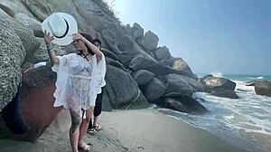 Two Colombian Bitches Gangbang Lucky Beach Guy