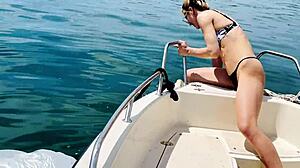 Boat Wash in Sexy Thong Bikini Blonde Housewife Barefoot on Beach Holiday
