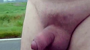 Exhibitionist chubby German flashes small cock penis barefoot outdoors