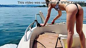 Boat Wash in Sexy Thong Bikini Blonde Housewife Barefoot on Beach Holiday