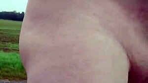 Exhibitionist chubby German flashes small cock penis barefoot outdoors