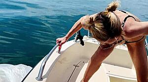 Boat Wash in Sexy Thong Bikini Blonde Housewife Barefoot on Beach Holiday