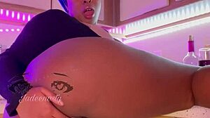 Horny ebony wife Ms Bulma in kitchen panties wet pussy squirting big tits show