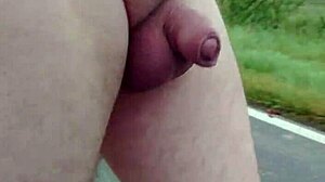 Exhibitionist chubby German flashes small cock penis barefoot outdoors
