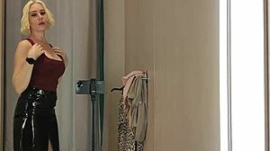 blonde flashes see-through latex in public changing room boob fetish