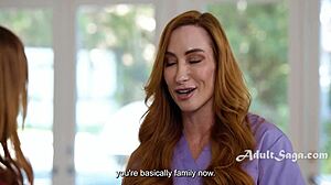 redhead masseuse licks wet milf in law's pussy during scissoring massage to beat her nerves