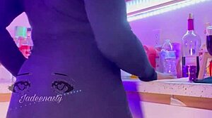 Horny ebony wife Ms Bulma in kitchen panties wet pussy squirting big tits show