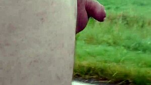 Exhibitionist chubby German flashes small cock penis barefoot outdoors