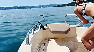 Boat Wash in Sexy Thong Bikini Blonde Housewife Barefoot on Beach Holiday